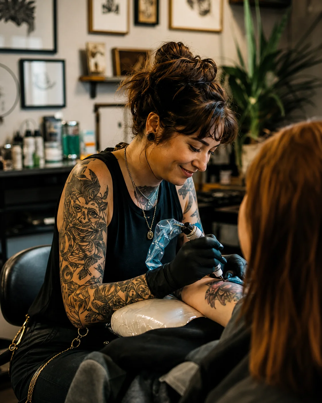 Tattoo artist concentrating on a client in a warm independent studio